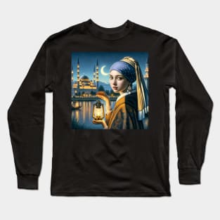 Ramadan Elegance: Girl with a Pearl Earring in Moonlight Long Sleeve T-Shirt